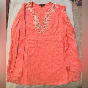 Pretty salmon color Land’s End linen tunic; beaded around v neck front; Size 6-8